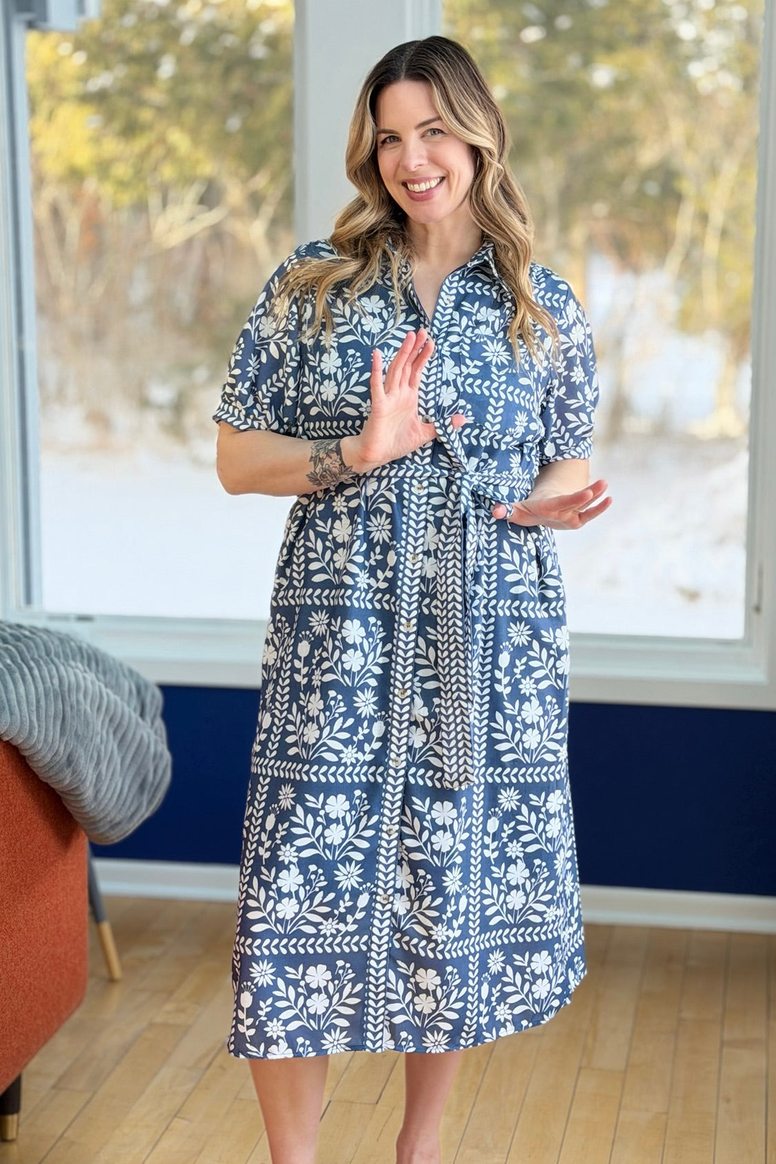 Collared Belted Day Dress - Navy