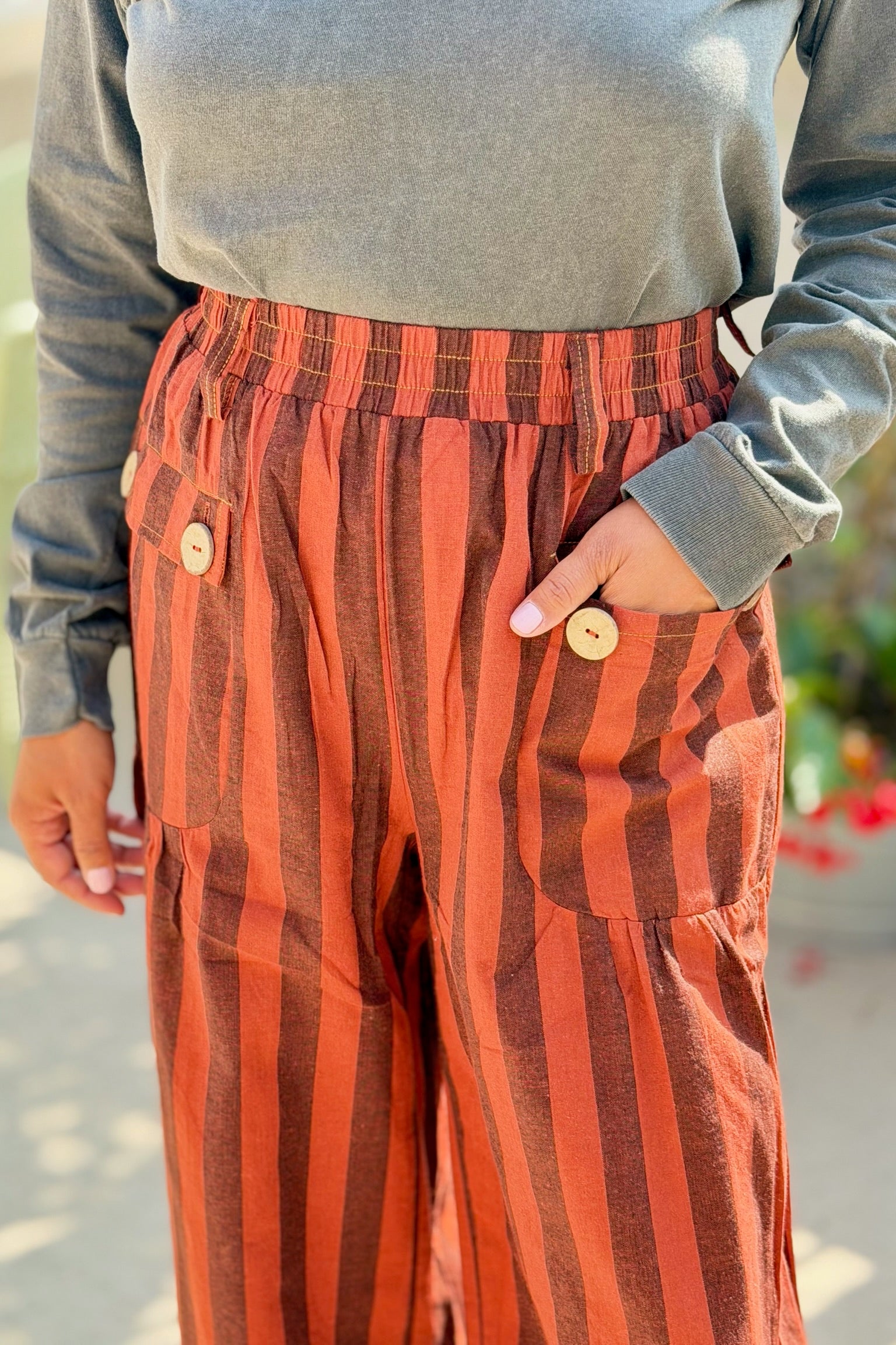 Striped Wide Leg Pants - Rust