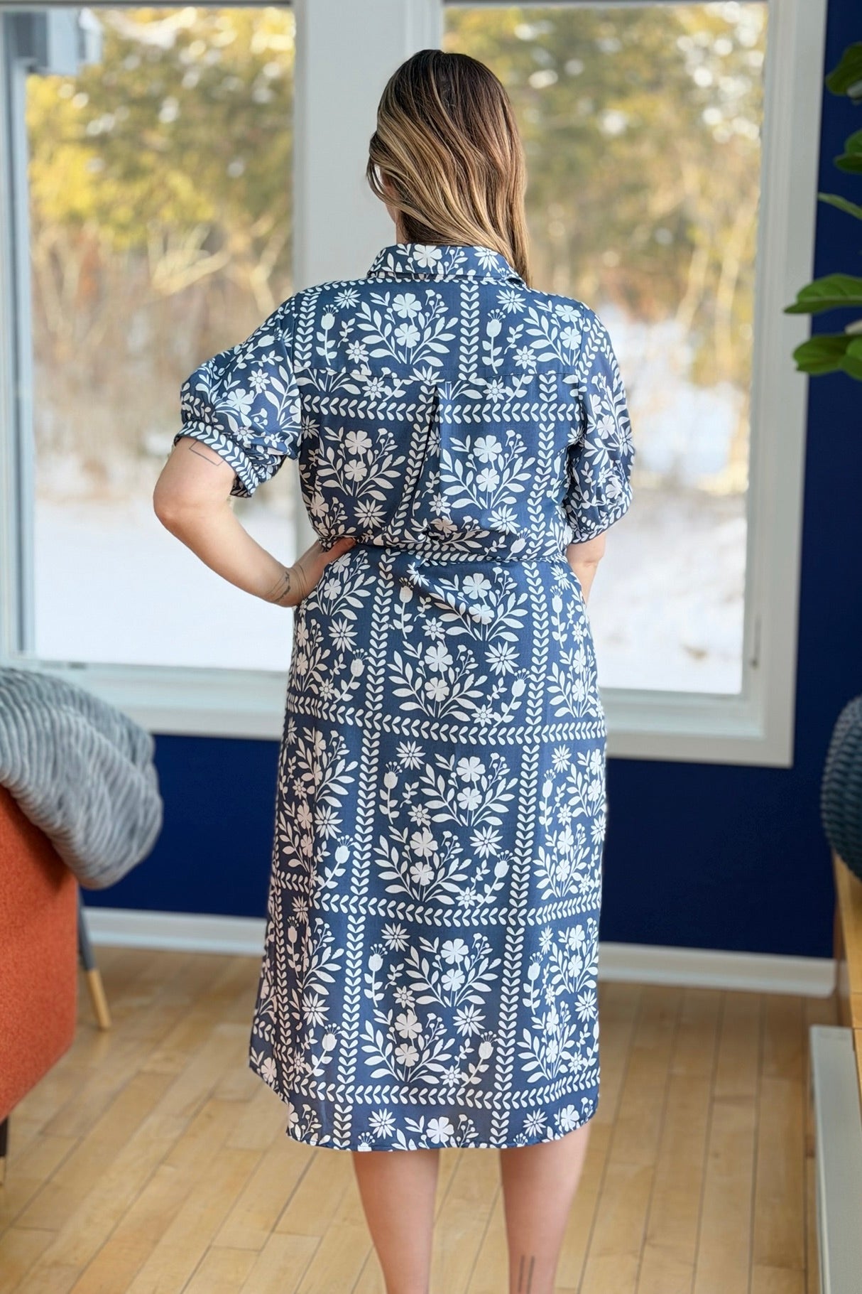 Collared Belted Day Dress - Navy