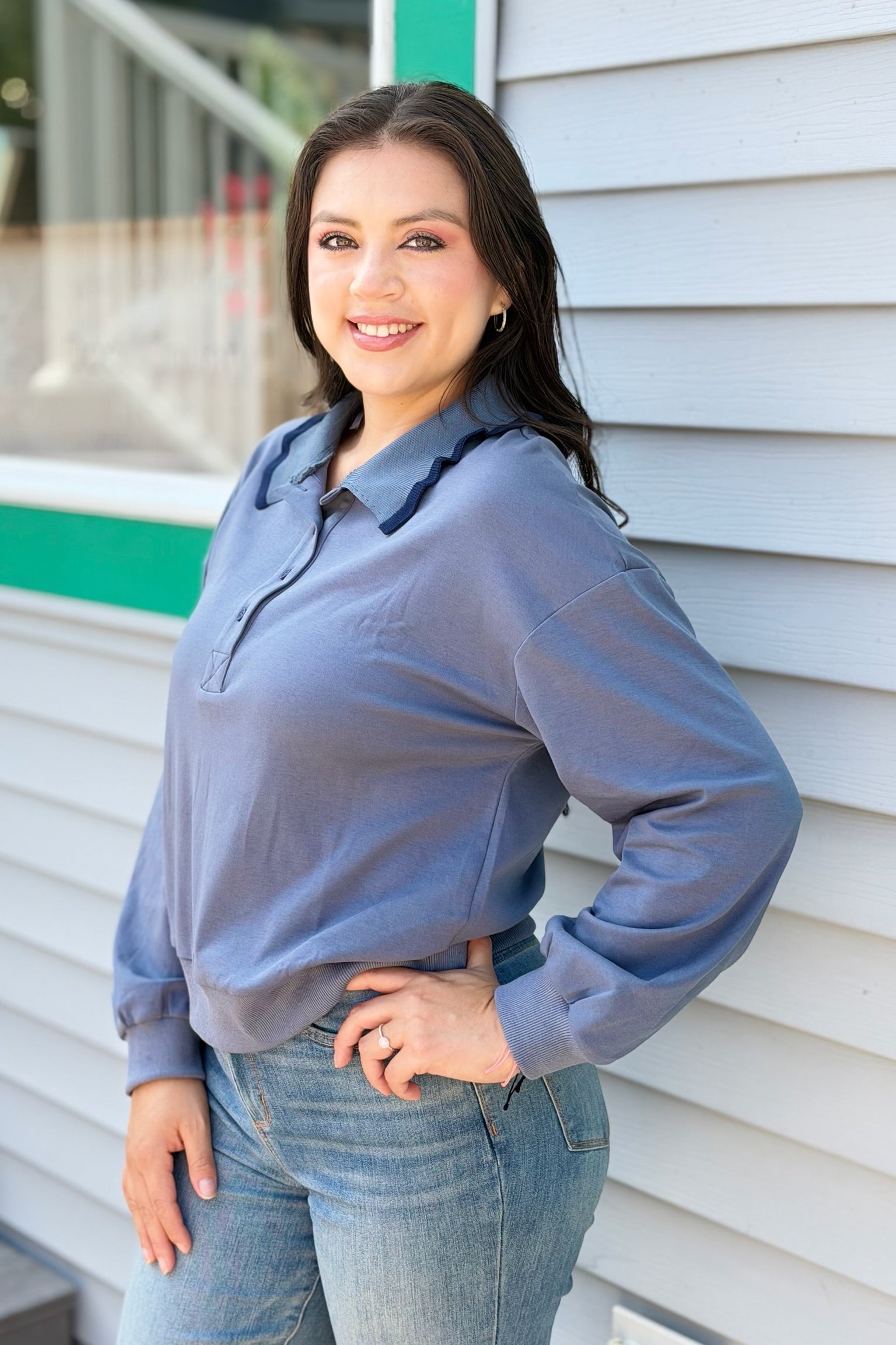 Contrast Edge Collar Sweater - Denim