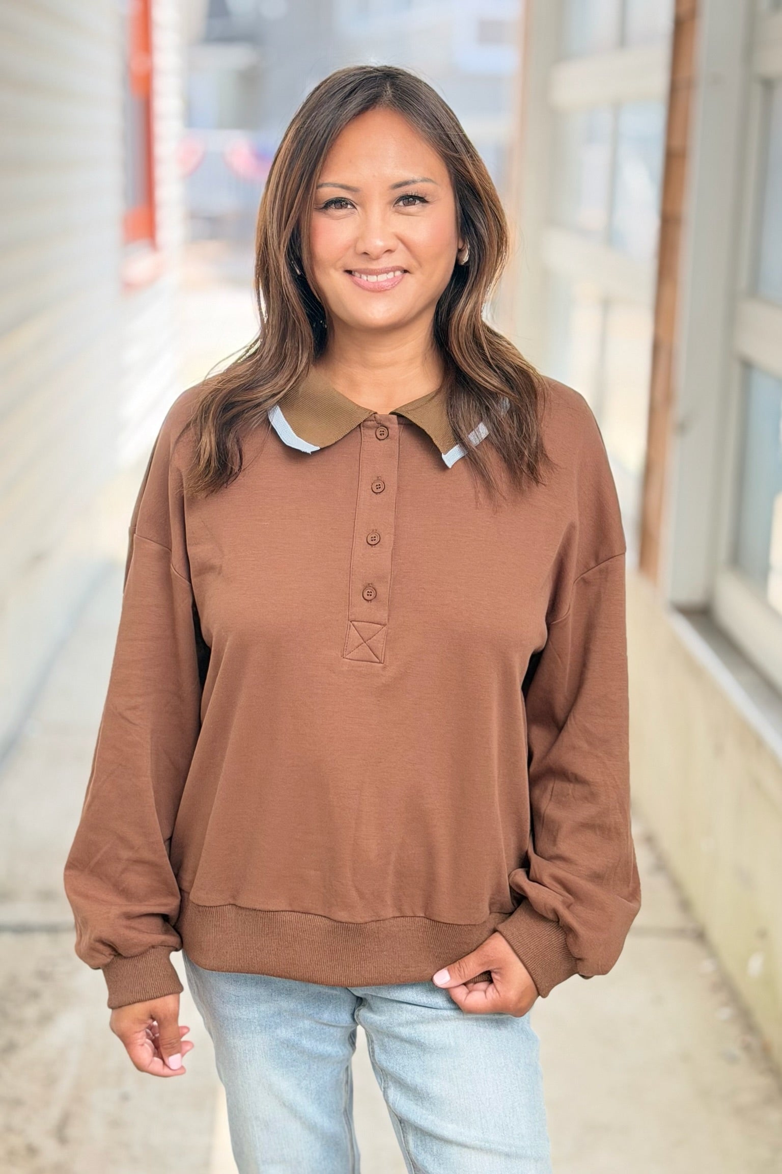 Contrast Edge Collar Sweater - Mocha