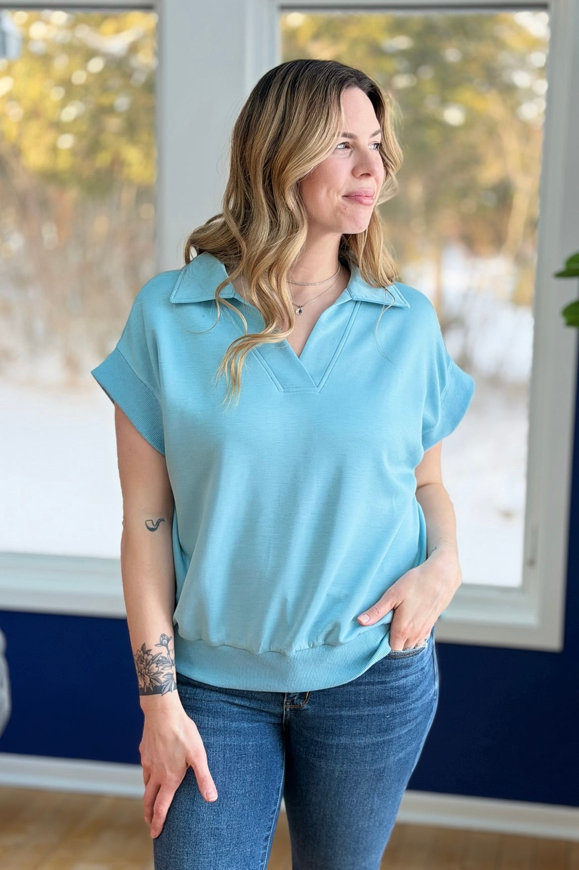 Collared Short Sleeve Pullover - Light Blue