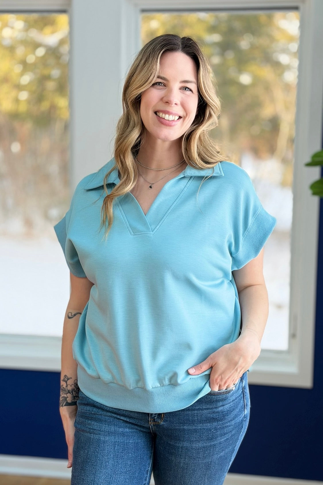 Collared Short Sleeve Pullover - Light Blue