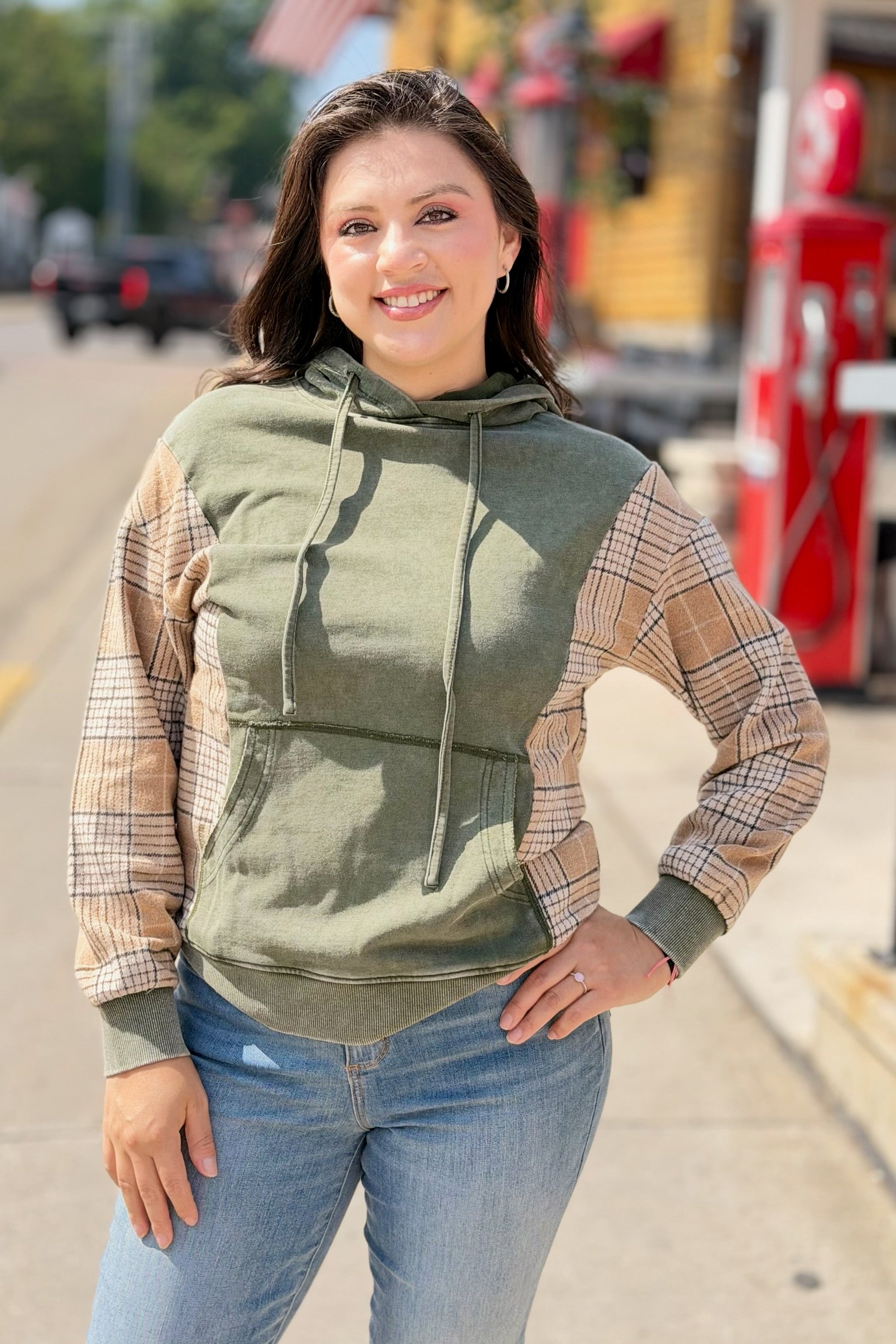 Plaid Patchwork Drawstring Hoodie - Green