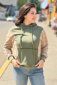 Plaid Patchwork Drawstring Hoodie - Green