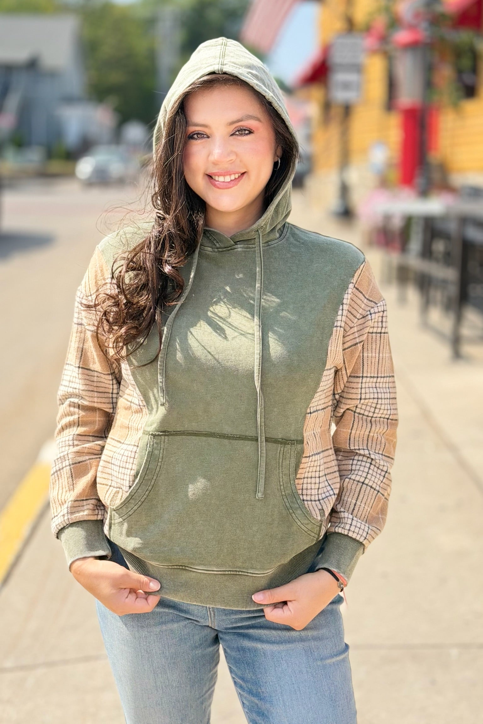 Plaid Patchwork Drawstring Hoodie - Green