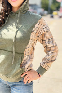 Plaid Patchwork Drawstring Hoodie - Green