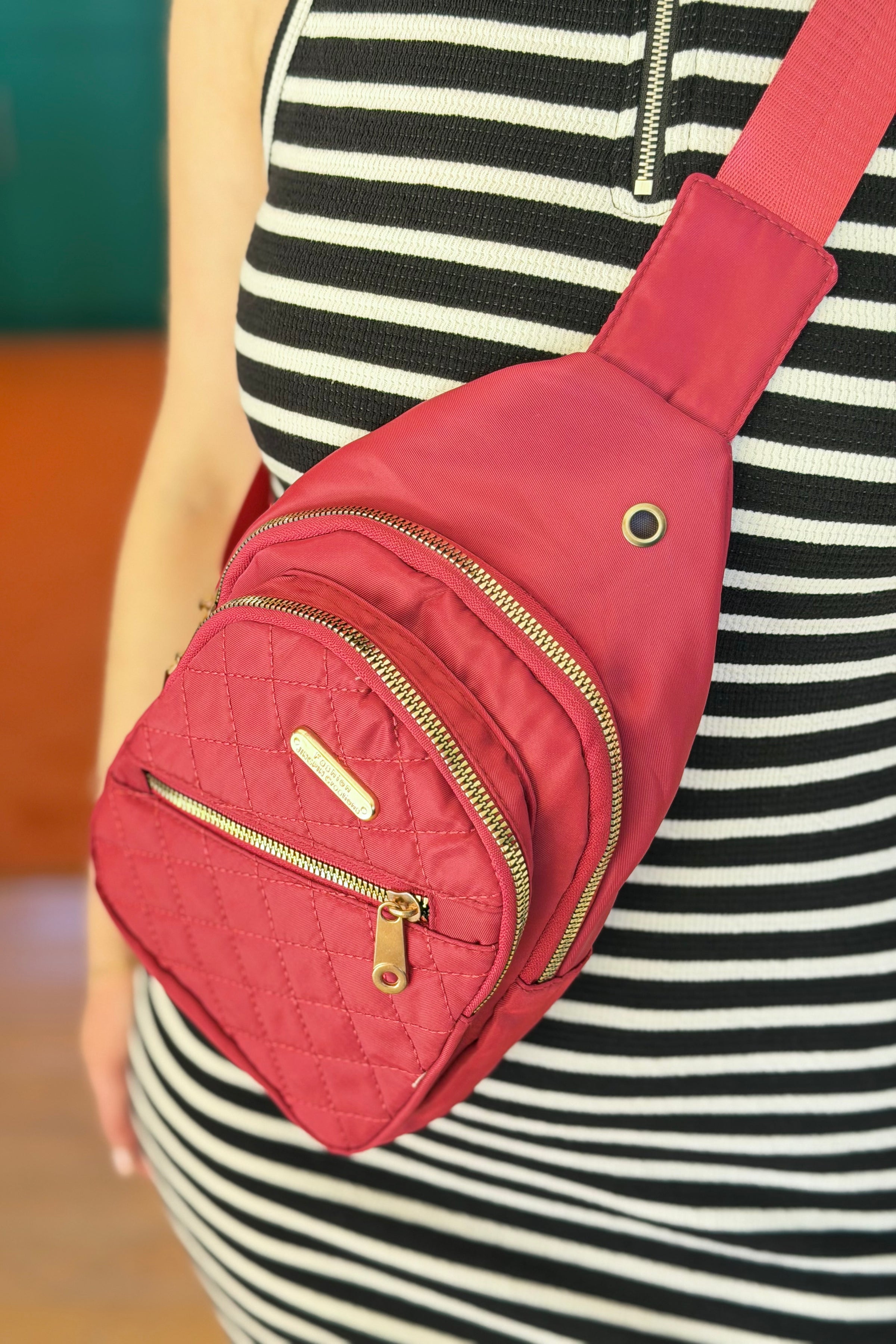 Quilted Triple Pocket Sling Bag Red