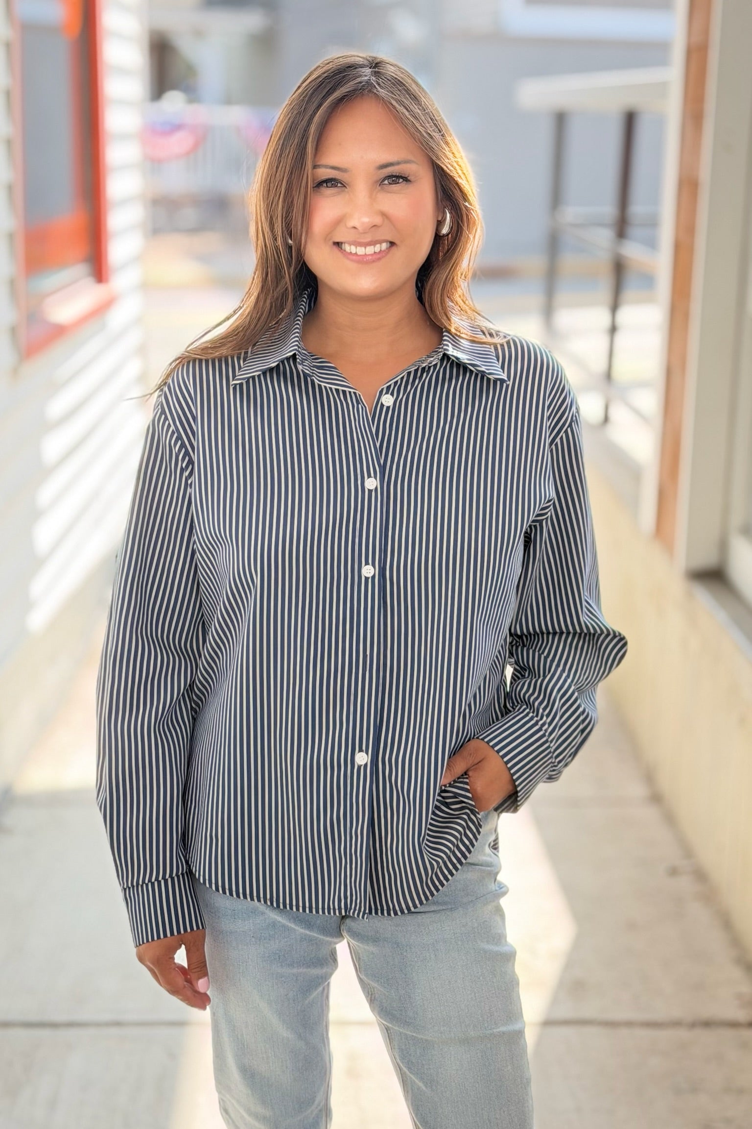 Long Sleeve Open Back Top - Blue Stripe