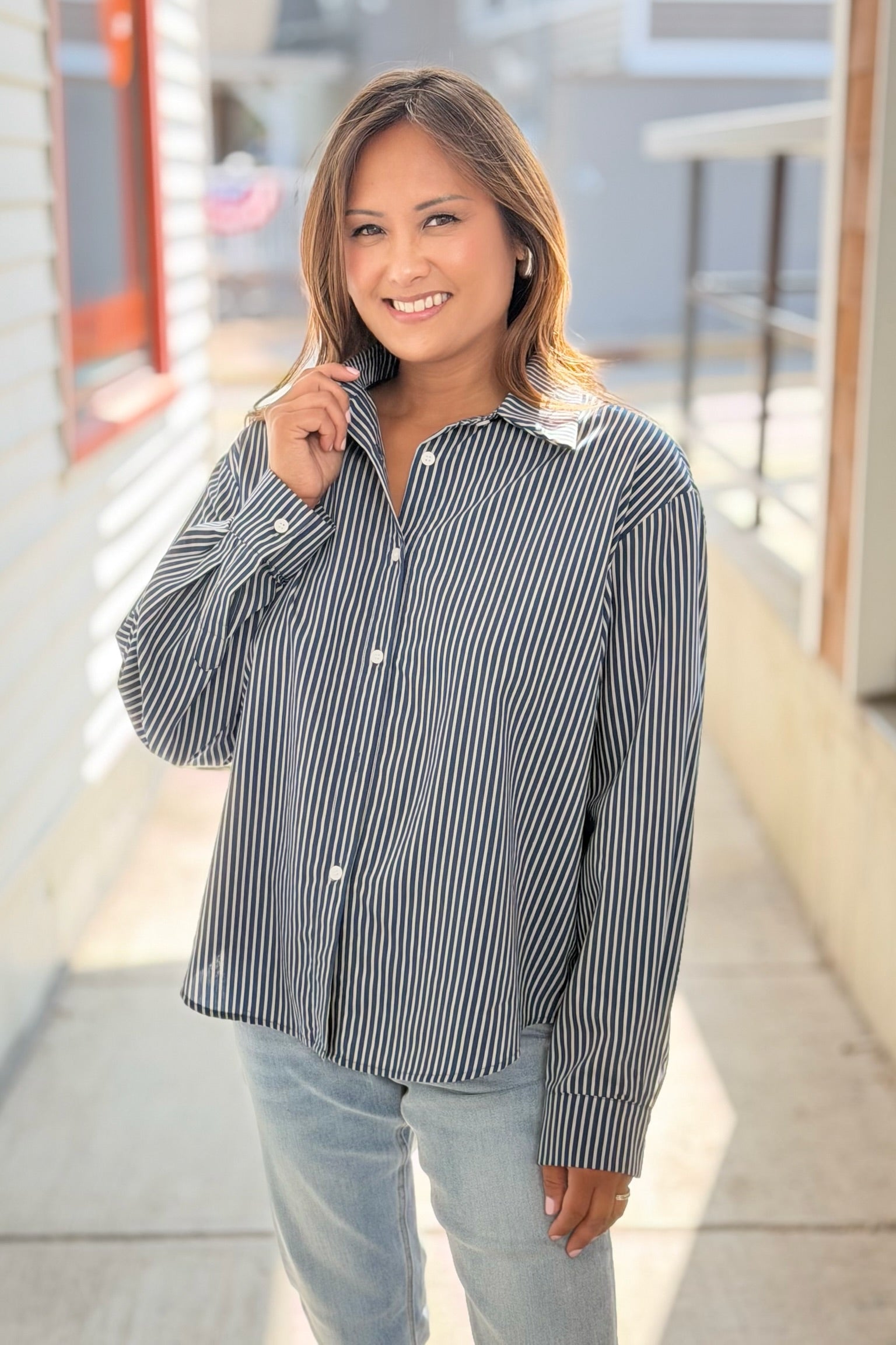 Long Sleeve Open Back Top - Blue Stripe