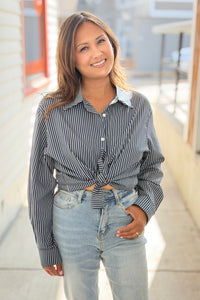 Long Sleeve Open Back Top - Blue Stripe