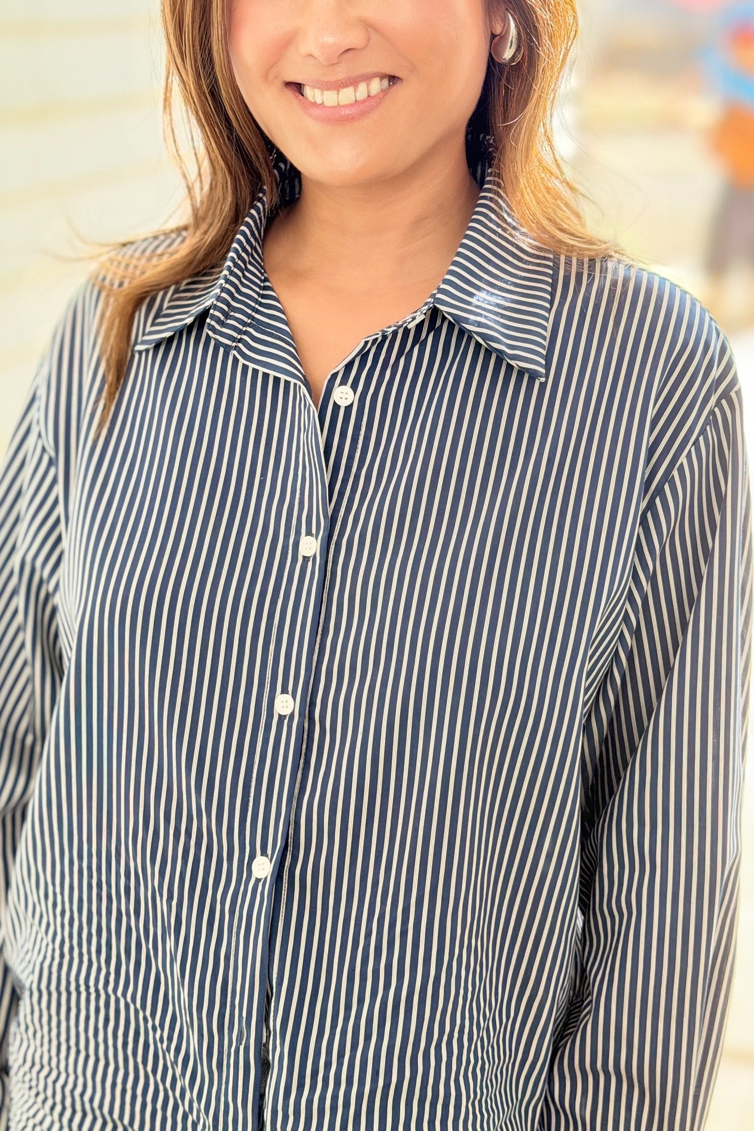 Long Sleeve Open Back Top - Blue Stripe