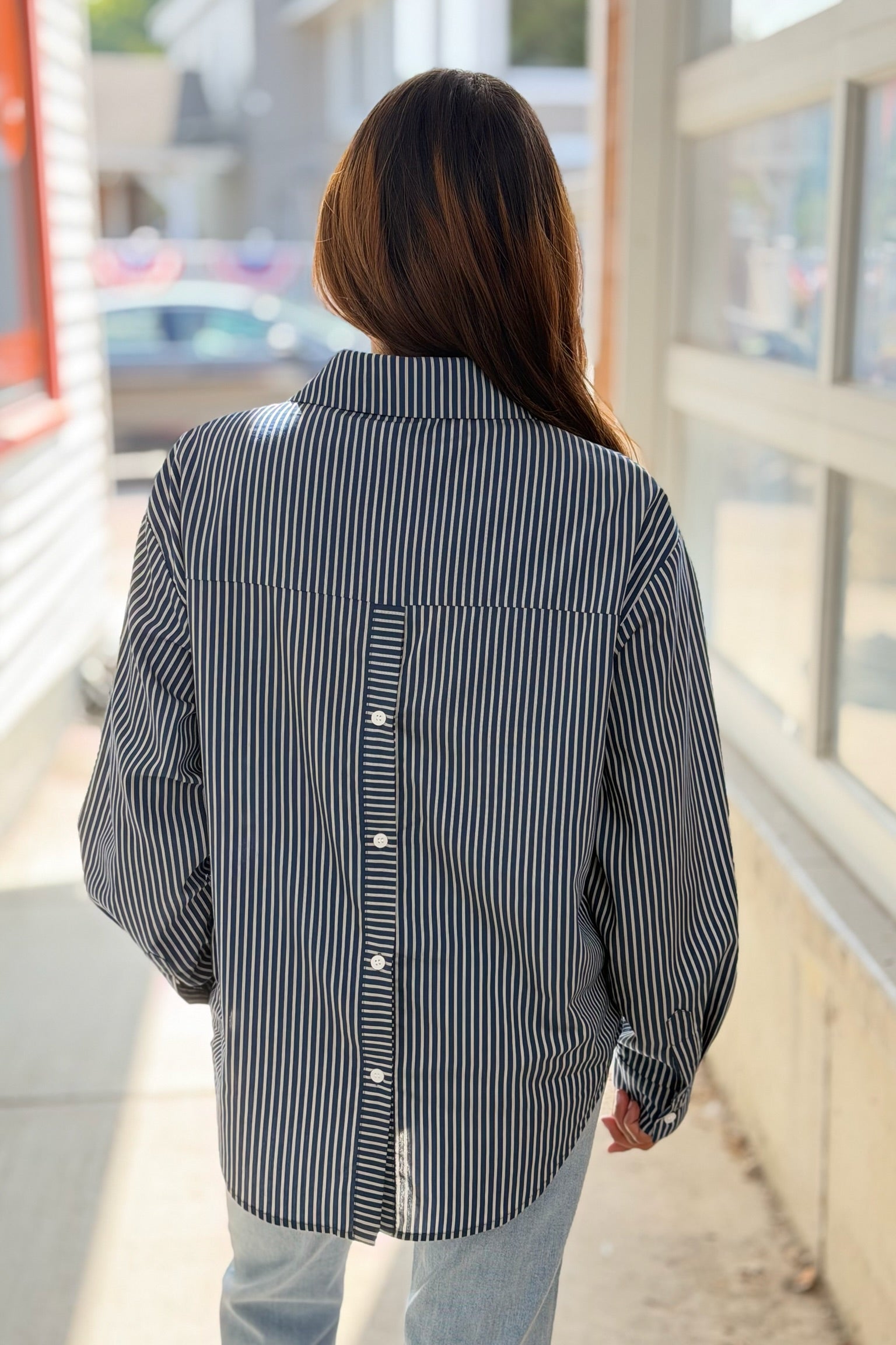 Long Sleeve Open Back Top - Blue Stripe