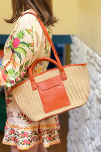 Straw Tote Bag w/Front Pocket -Coral Red