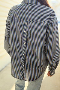Long Sleeve Open Back Top - Blue Stripe