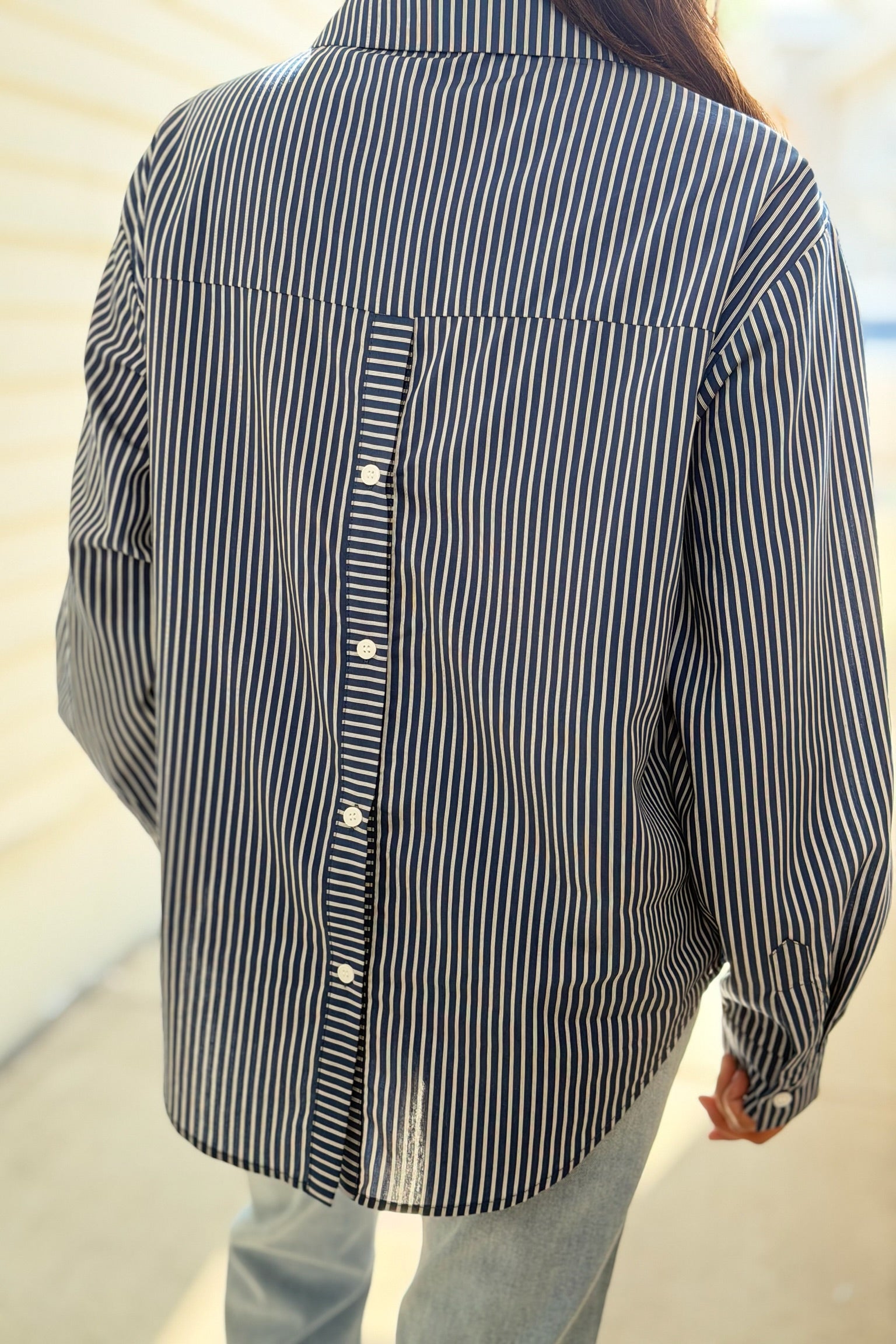 Long Sleeve Open Back Top - Blue Stripe
