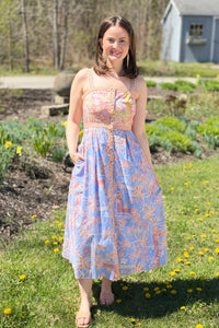 Exclusive Floral Button Down Tape Trim Midi Dress - Conflower Multi