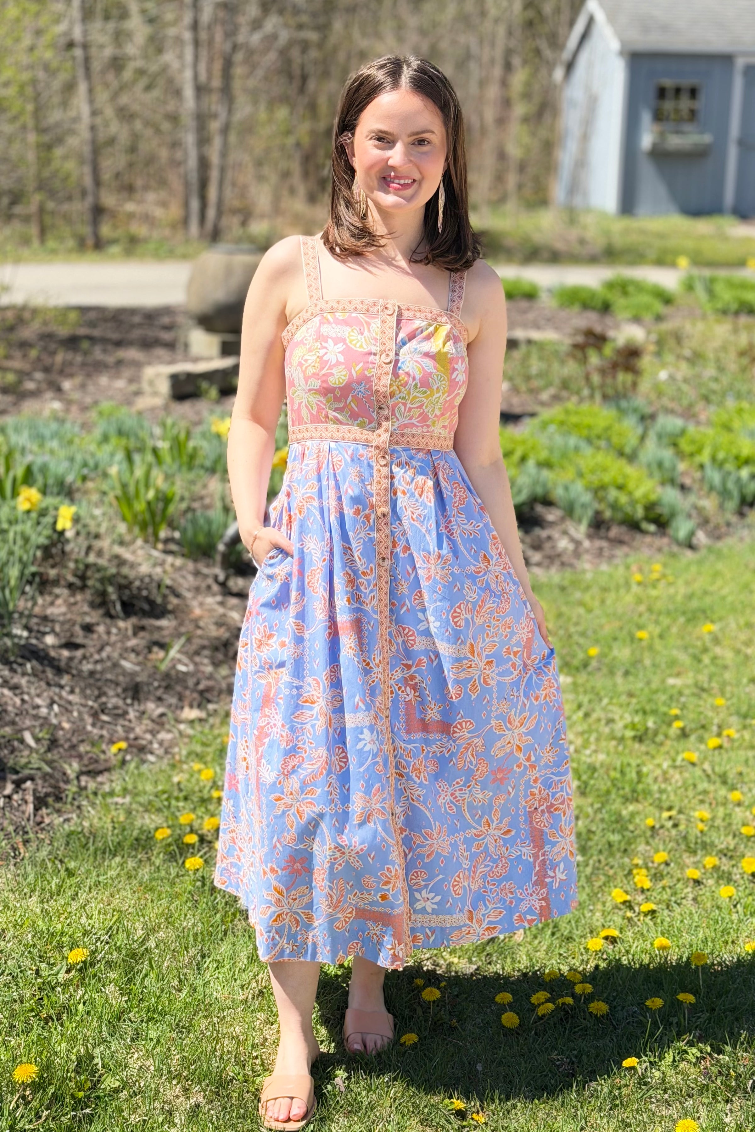 Exclusive Floral Button Down Tape Trim Midi Dress - Conflower Multi