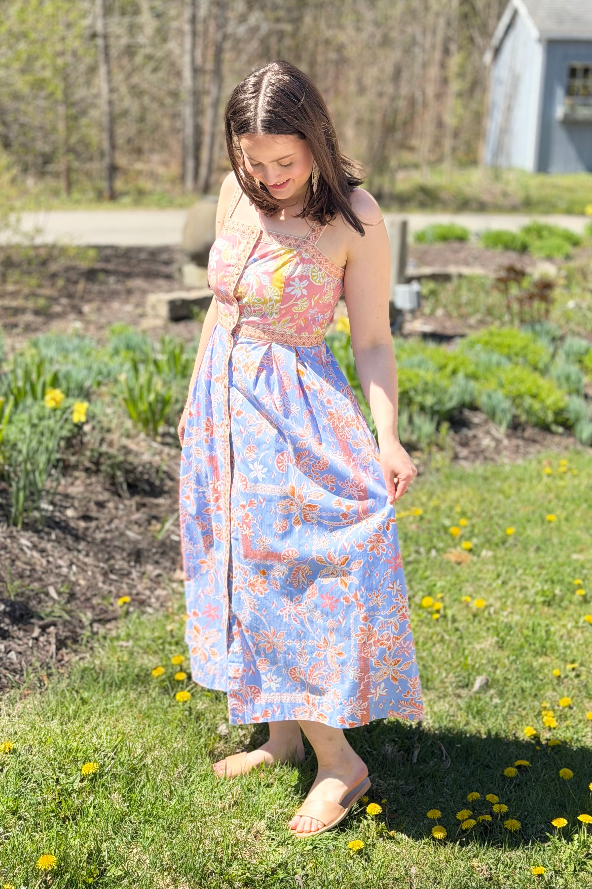 Exclusive Floral Button Down Tape Trim Midi Dress - Conflower Multi