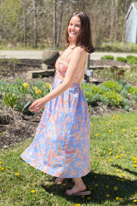 Exclusive Floral Button Down Tape Trim Midi Dress - Conflower Multi