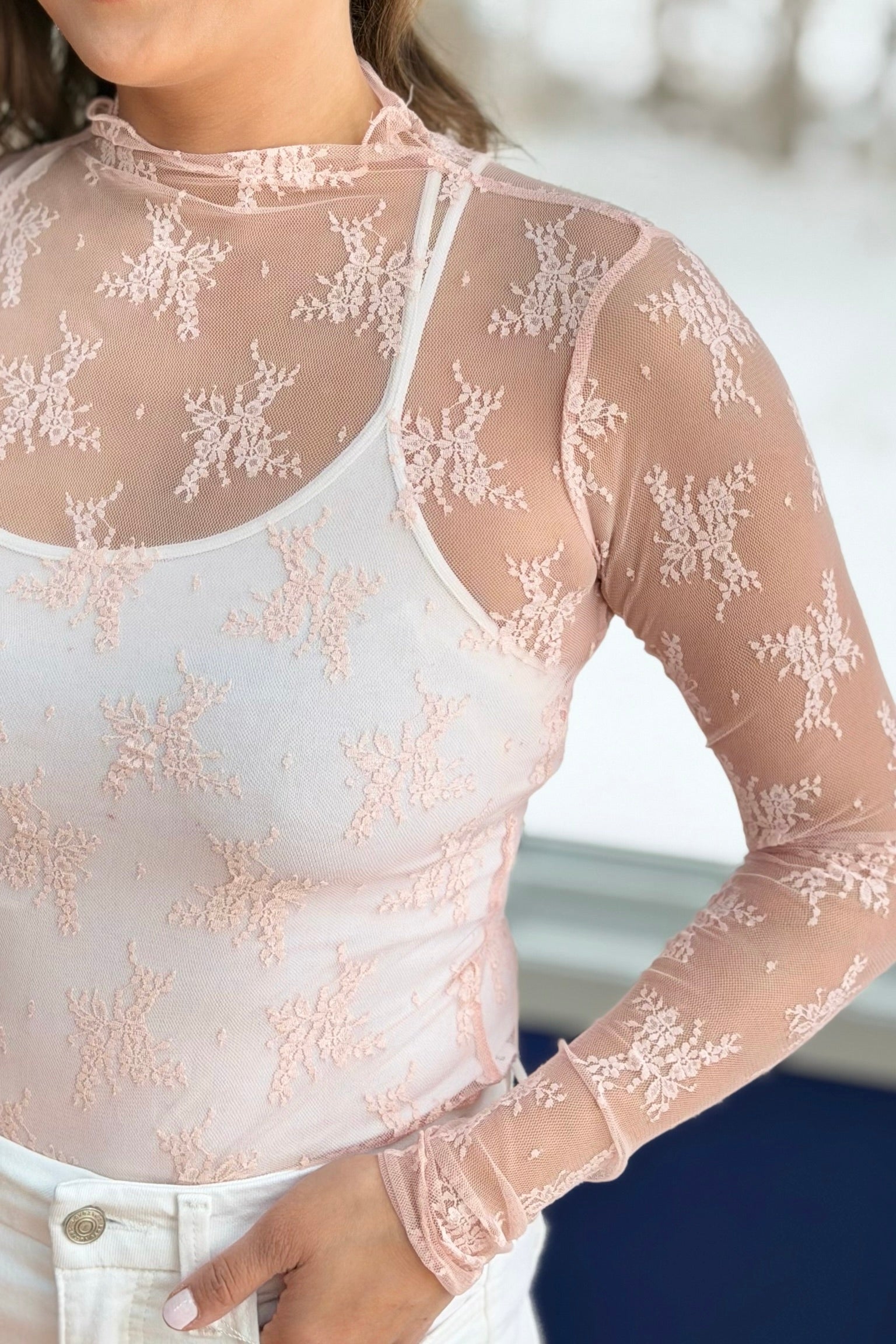 Lace See Through Top - Pink