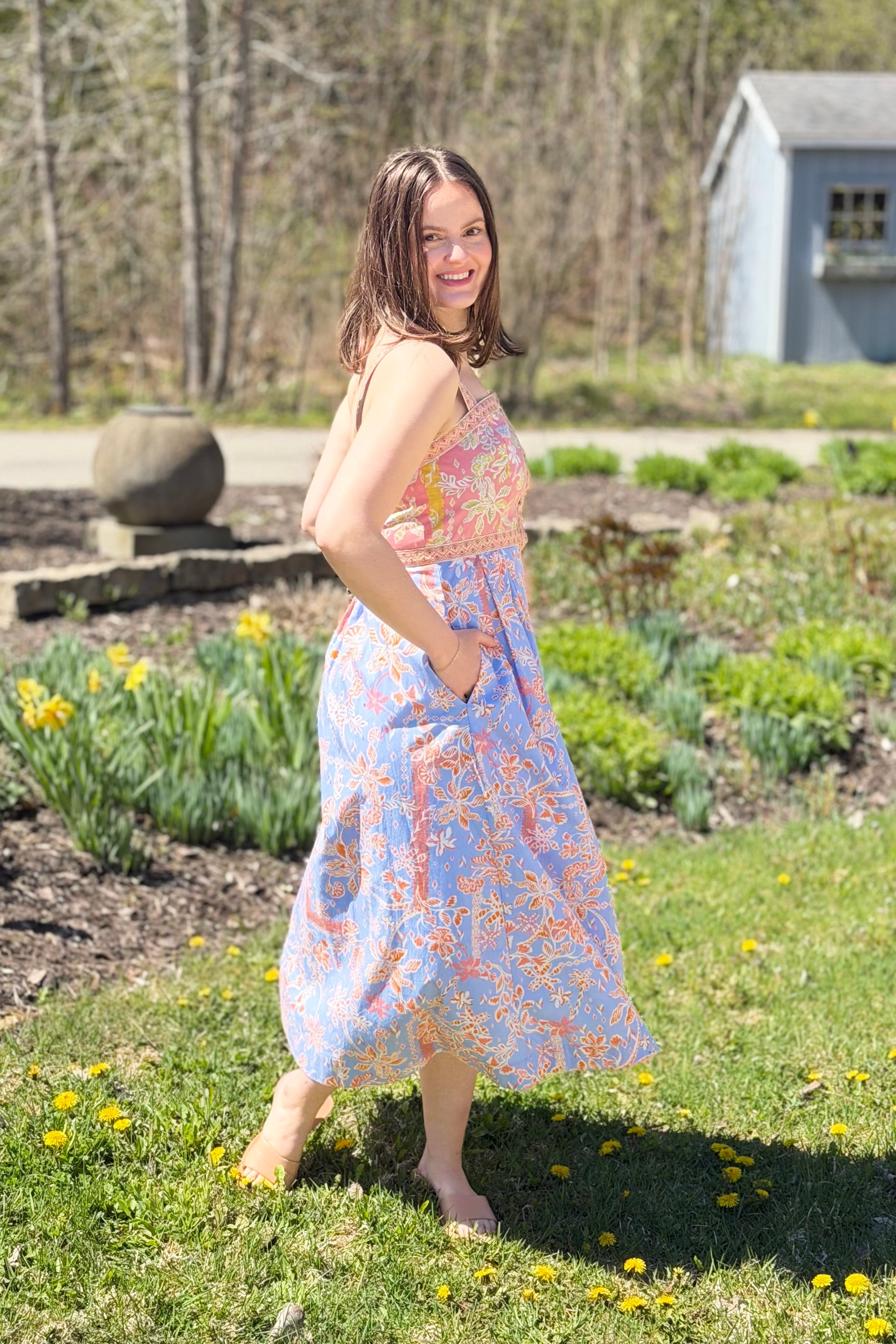 Exclusive Floral Button Down Tape Trim Midi Dress - Conflower Multi