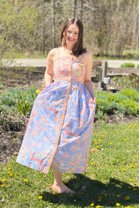 Exclusive Floral Button Down Tape Trim Midi Dress - Conflower Multi