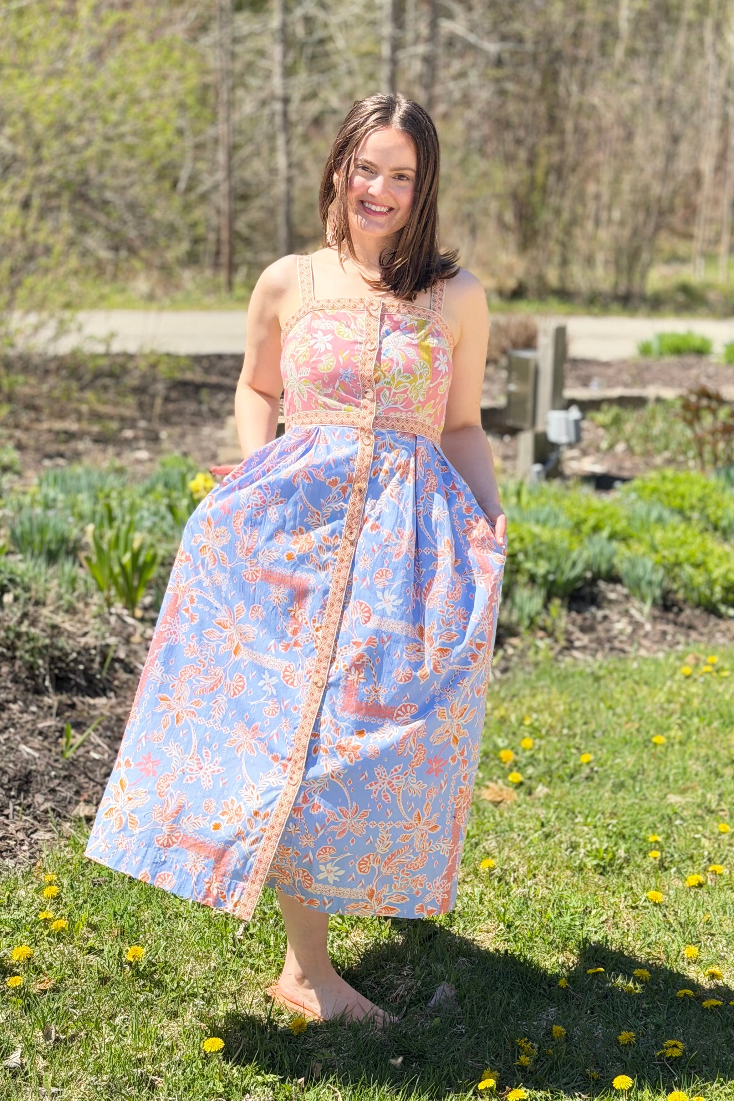Exclusive Floral Button Down Tape Trim Midi Dress - Conflower Multi