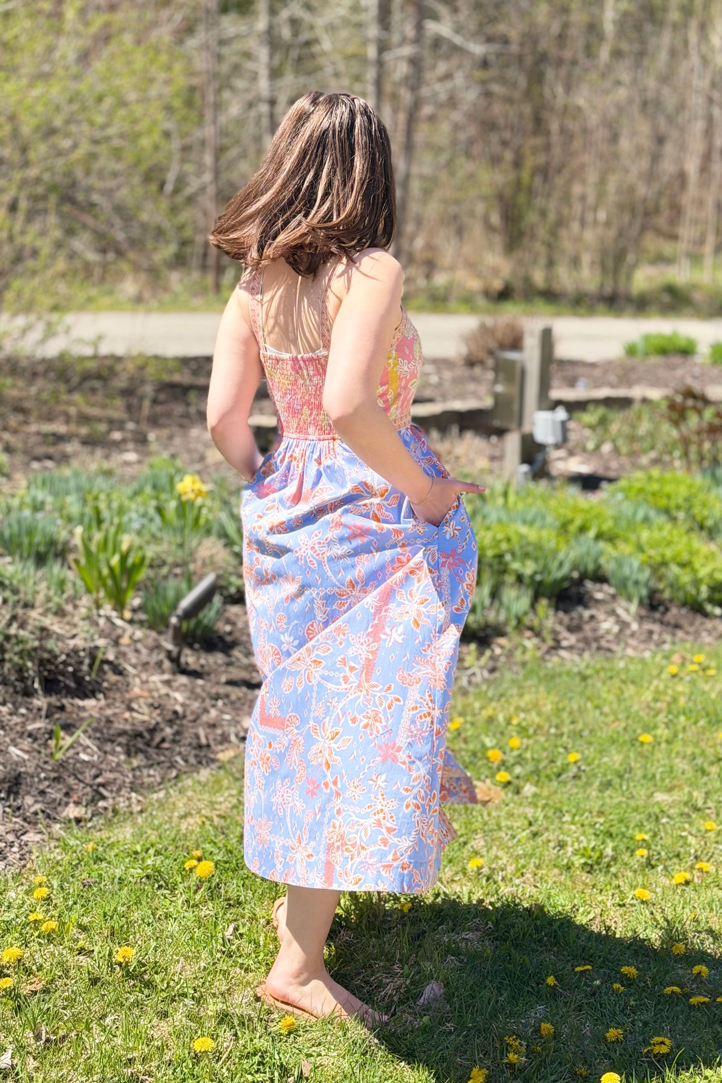 Exclusive Floral Button Down Tape Trim Midi Dress - Conflower Multi