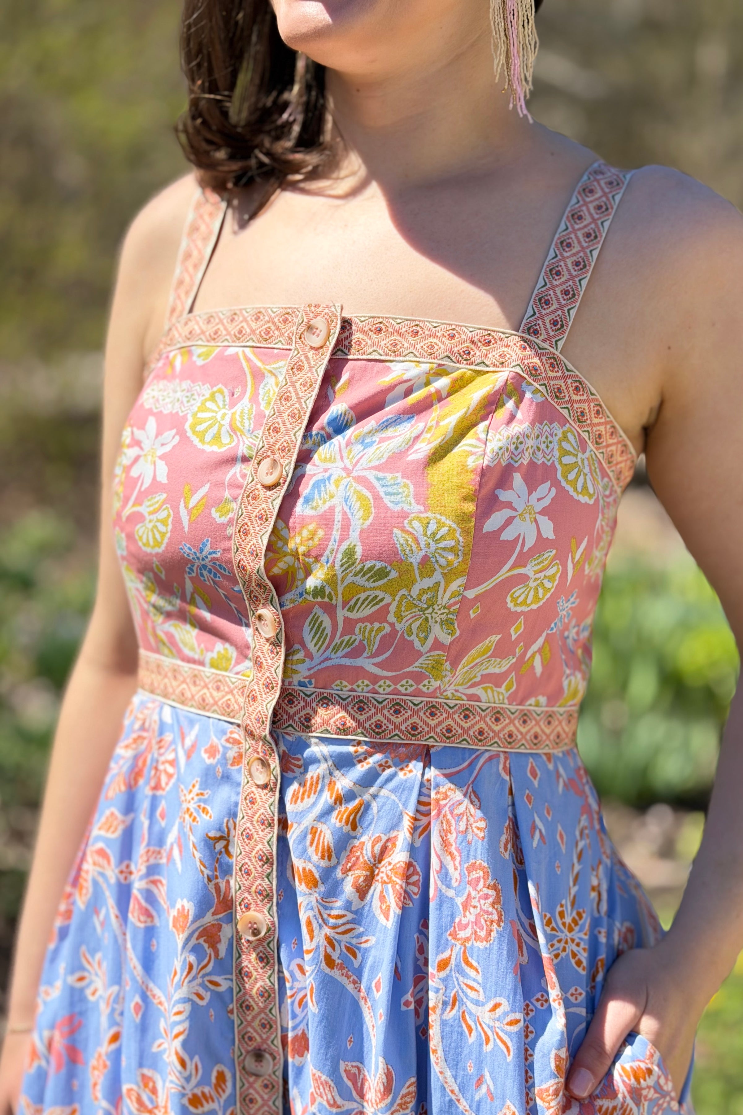 Exclusive Floral Button Down Tape Trim Midi Dress - Conflower Multi