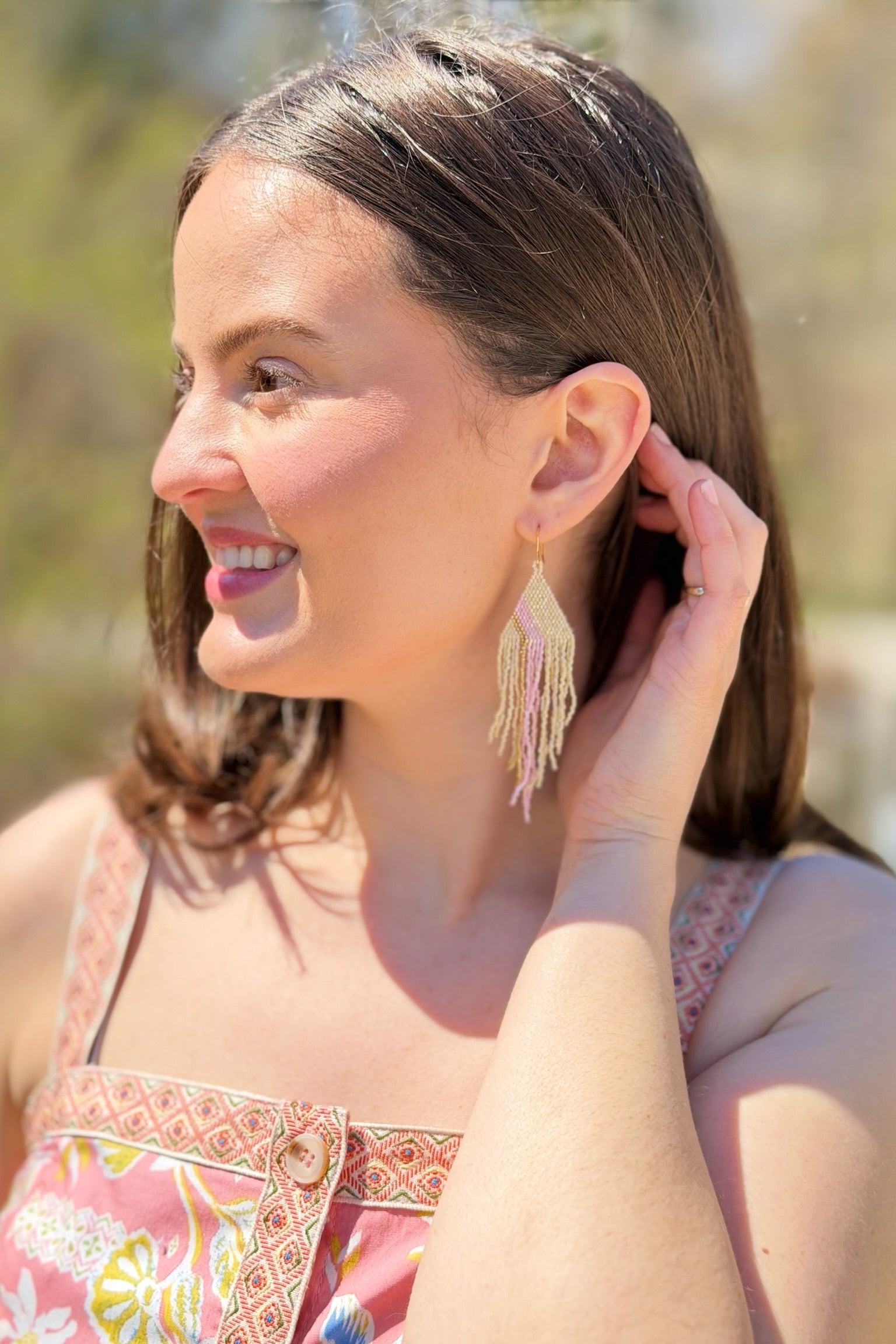 Pink Stripe Cream Fringe Earrings
