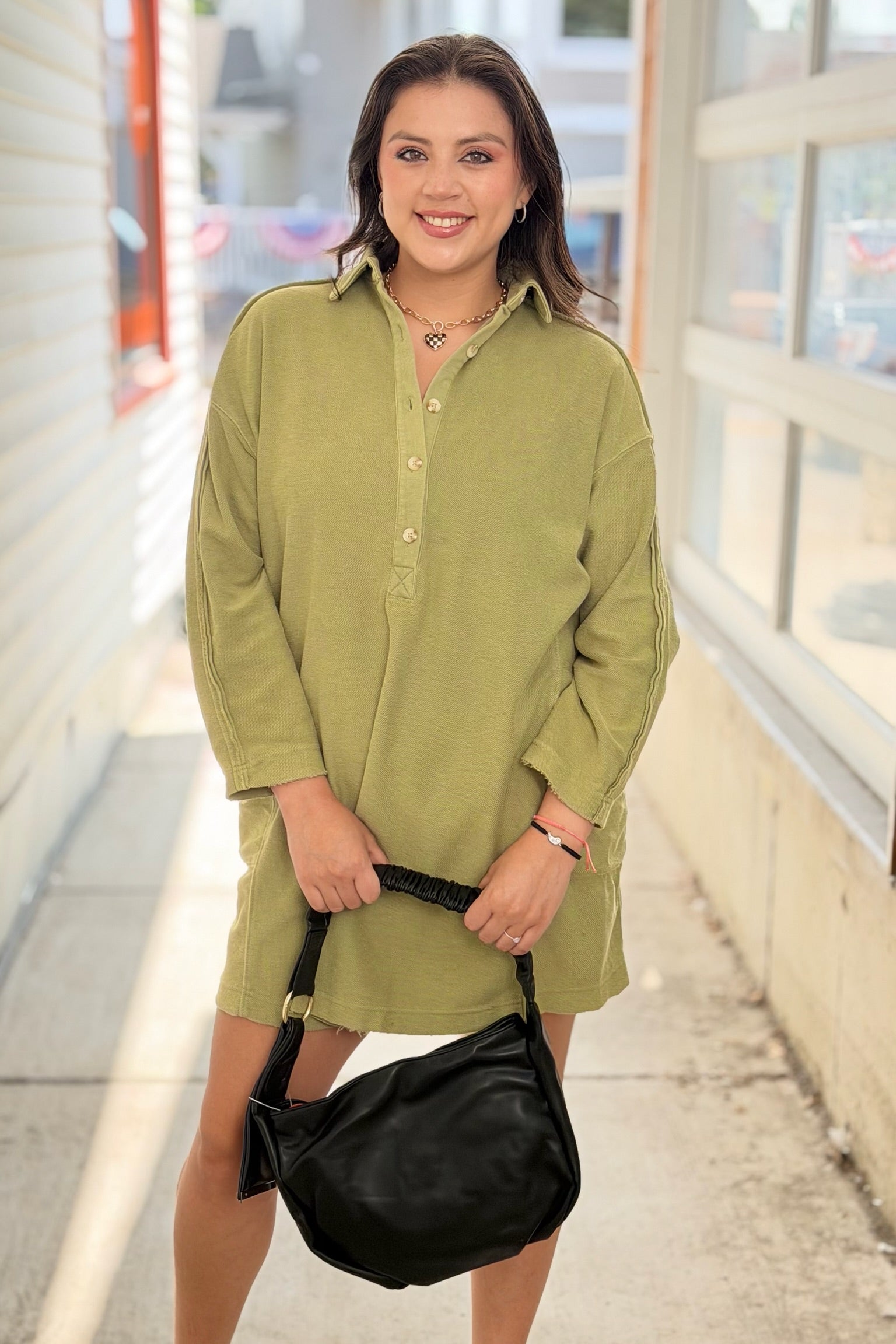 Collared French Terry Dress - Light Olive