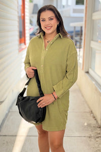 Collared French Terry Dress - Light Olive