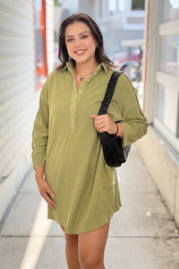 Collared French Terry Dress - Light Olive
