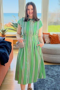Fitted Bodice Button Down Midi Dress - Green