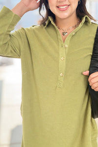 Collared French Terry Dress - Light Olive