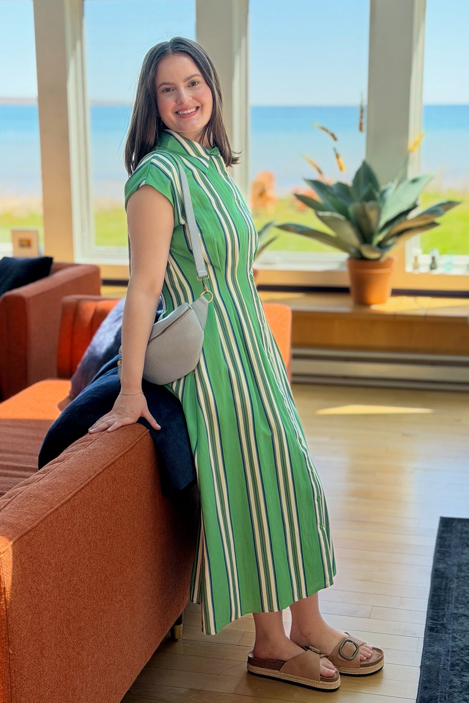 Fitted Bodice Button Down Midi Dress - Green