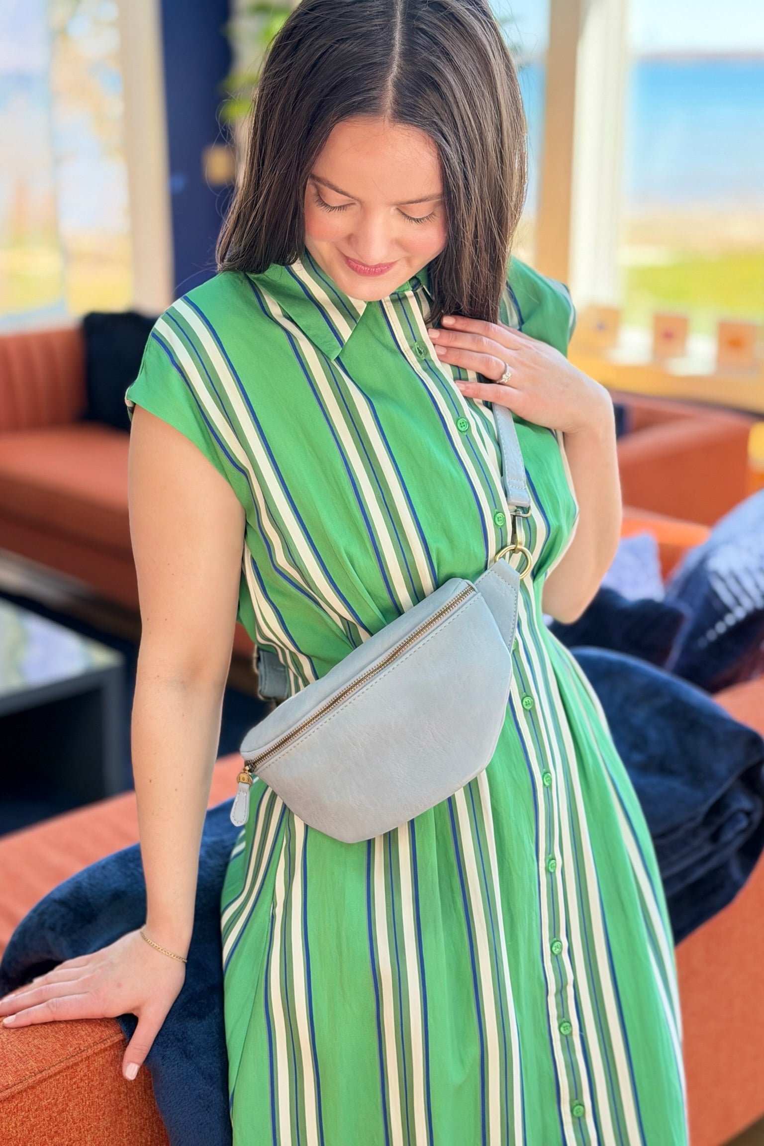 Fitted Bodice Button Down Midi Dress - Green