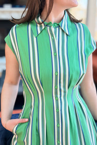 Fitted Bodice Button Down Midi Dress - Green