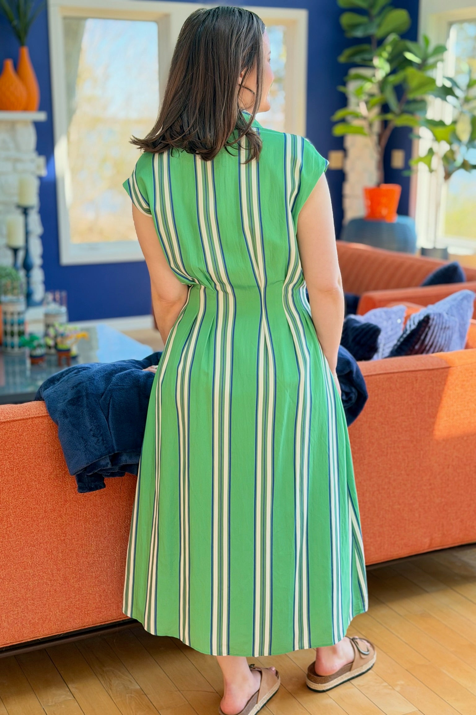 Fitted Bodice Button Down Midi Dress - Green