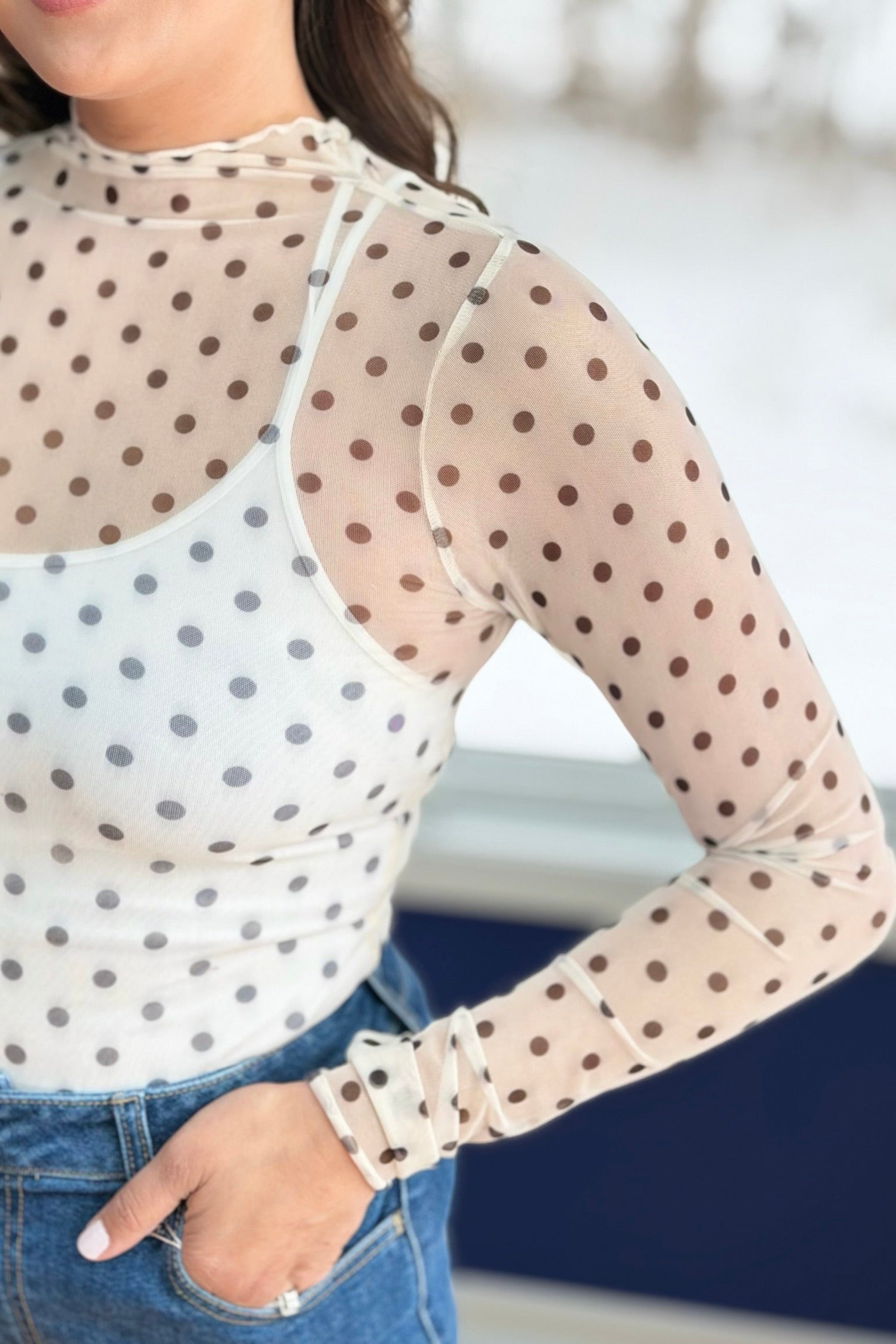 Lace See Through Top - Ivory Polka Dot