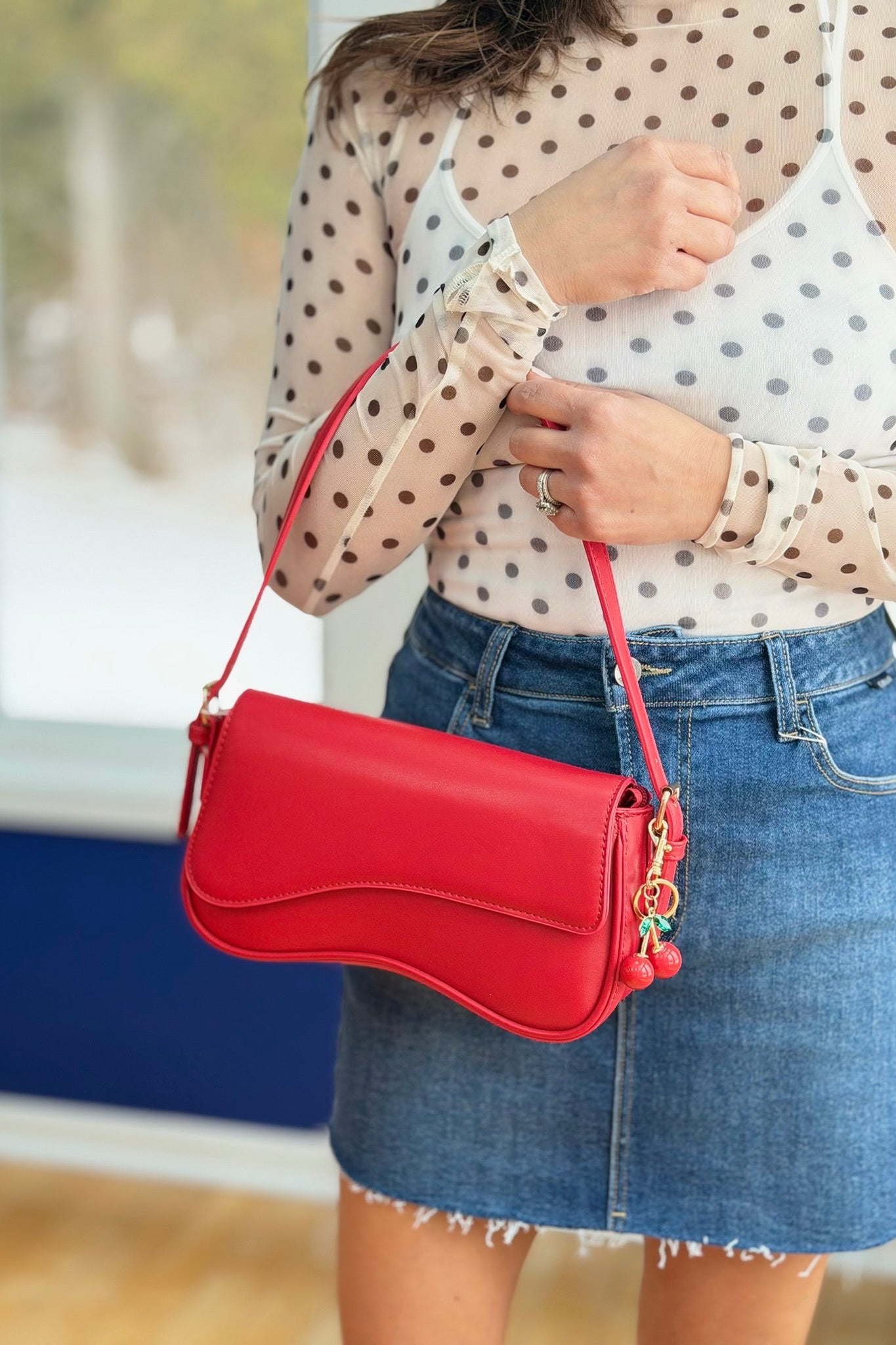 Emilie Shoulder Bag With Cherry Charm - Red