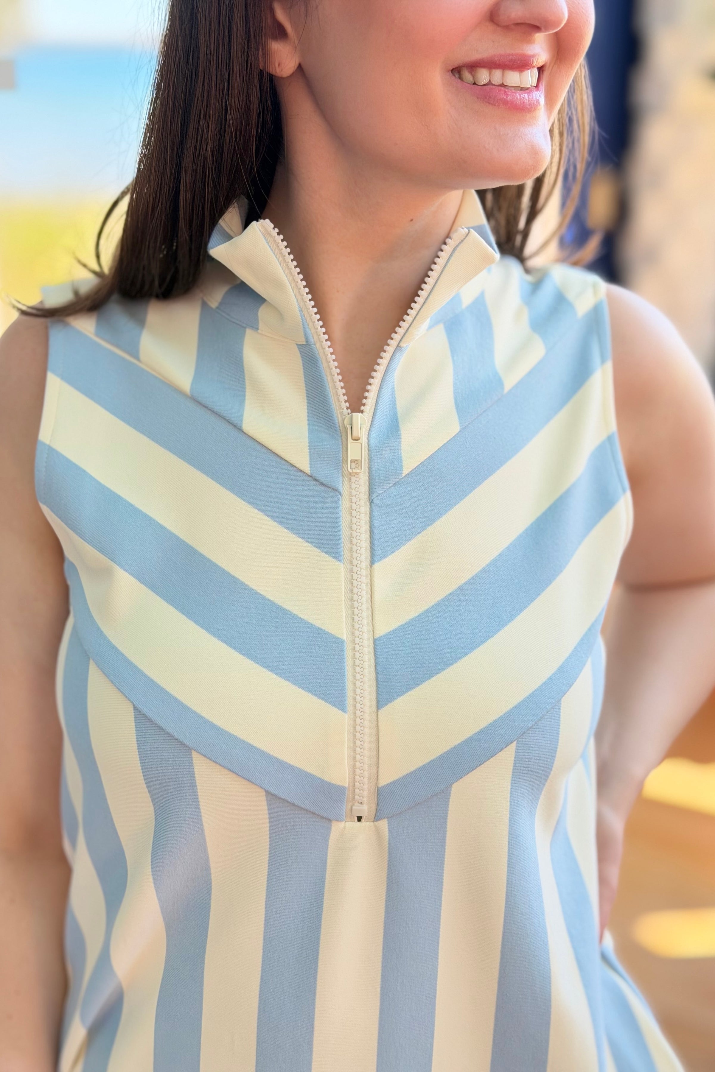 Striped Half Zip Mini Dress - Blue