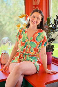 Short Sleeve Tie Waist Romper - Orange