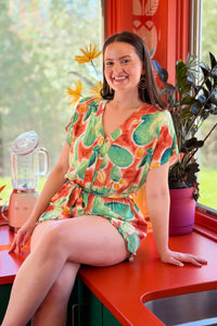 Short Sleeve Tie Waist Romper - Orange