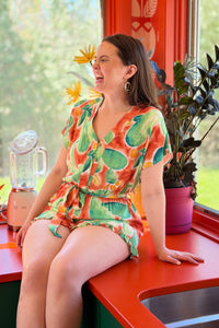 Short Sleeve Tie Waist Romper - Orange