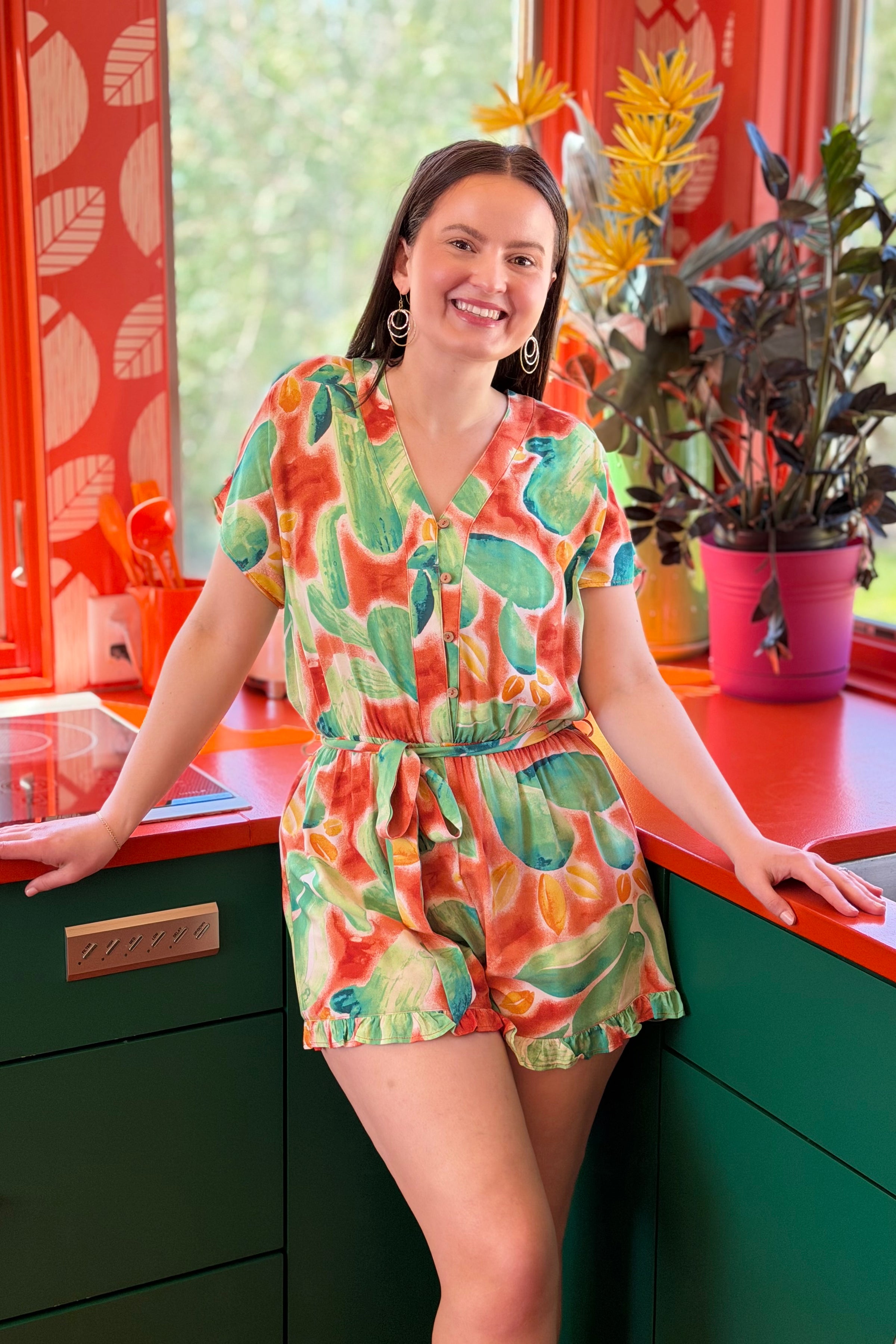 Short Sleeve Tie Waist Romper - Orange
