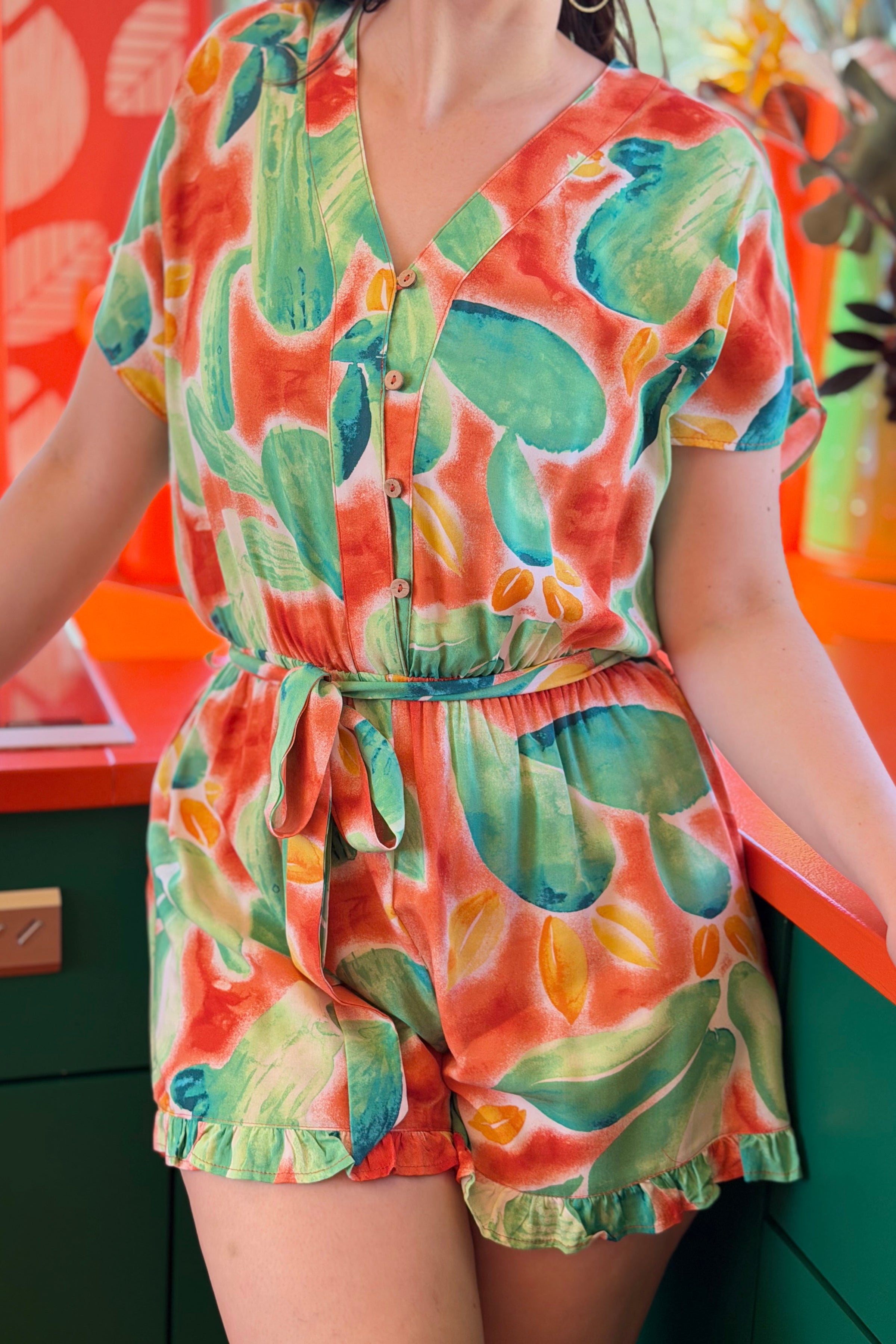 Short Sleeve Tie Waist Romper - Orange