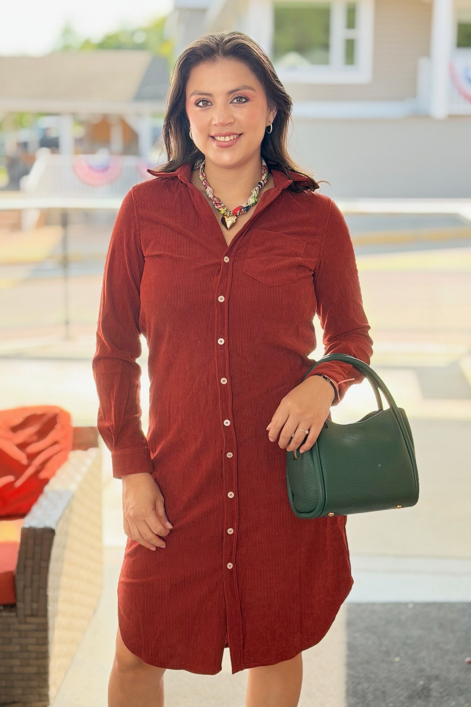 Western Corduroy Shirt Dress - Clay