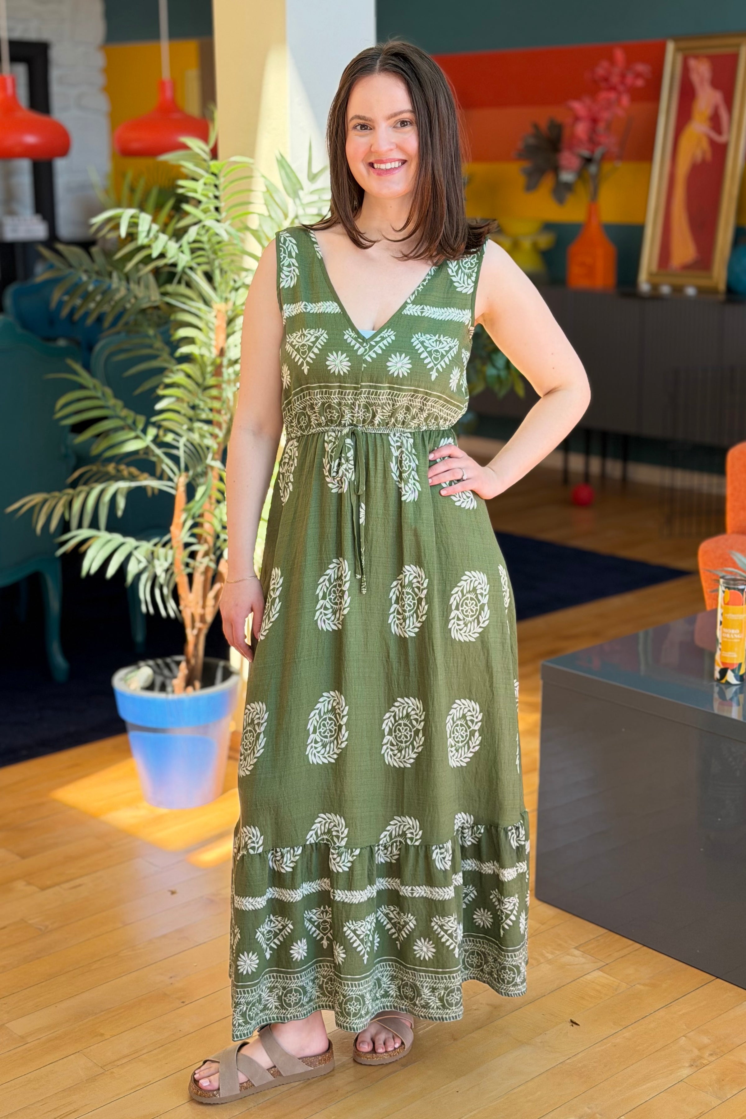 Boho V-neck High Waist Dress - Green